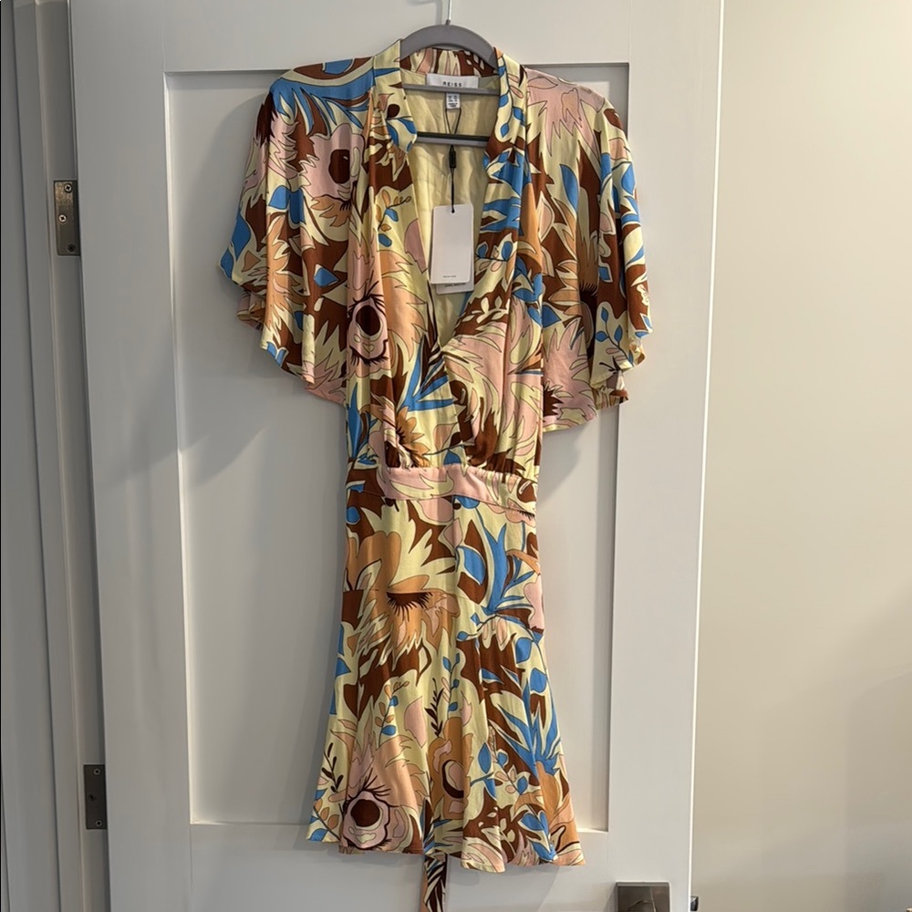 Reiss Blue Brown Ruffled Wrap Sundress